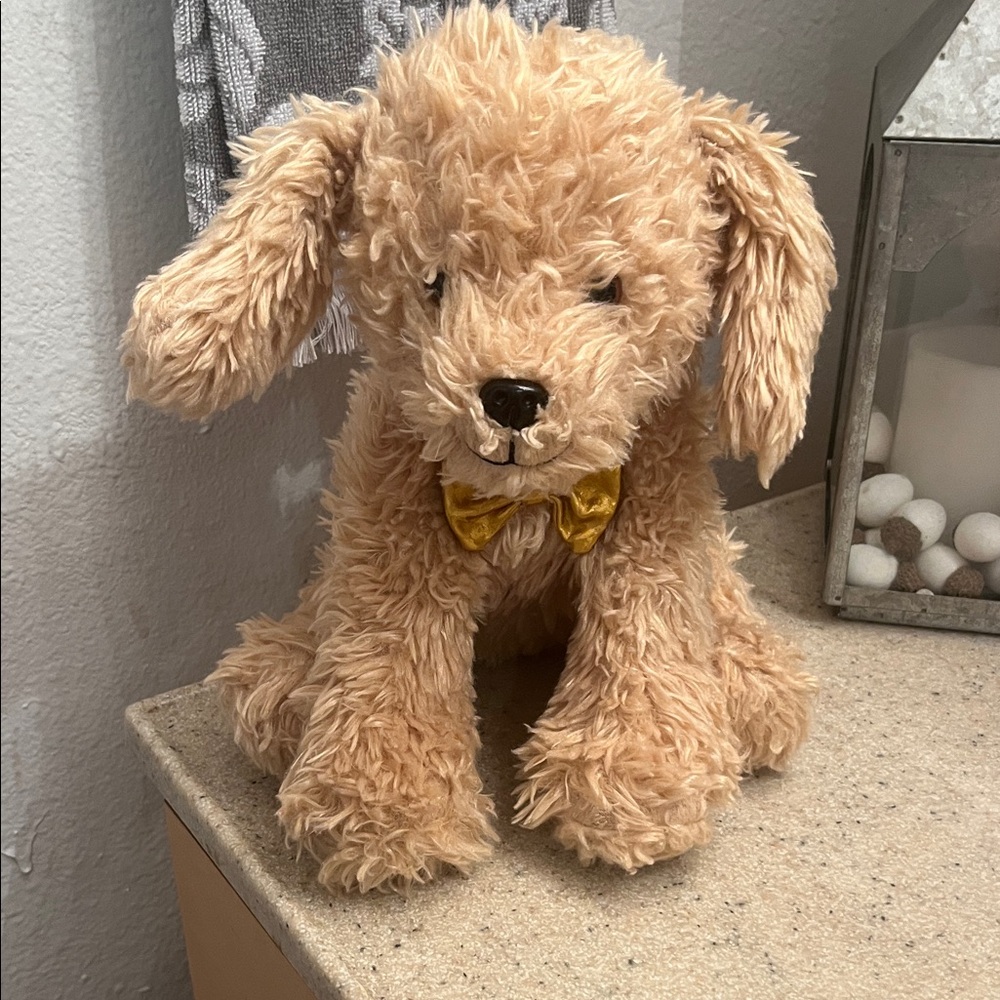 FAO Schwarz Tan Plush Puppy with Gold Bow